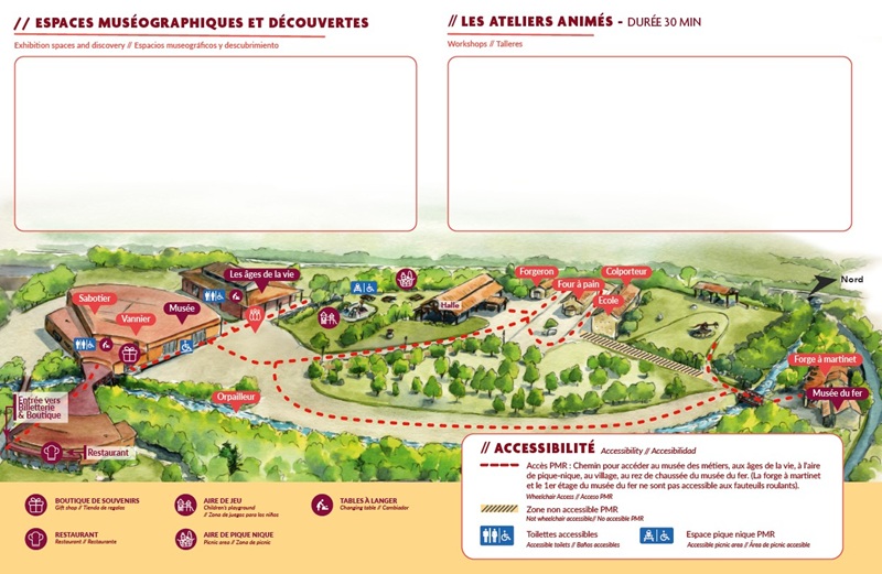 Plan du site indiquant les cheminements et espaces accessibles aux personnes à mobilité réduite.